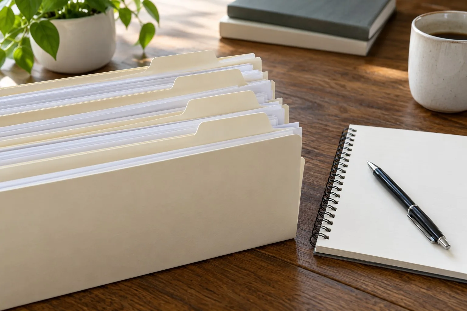 Unbeschriftete Registermappen mit Papieren neben einem leeren Notizblock und Stift.